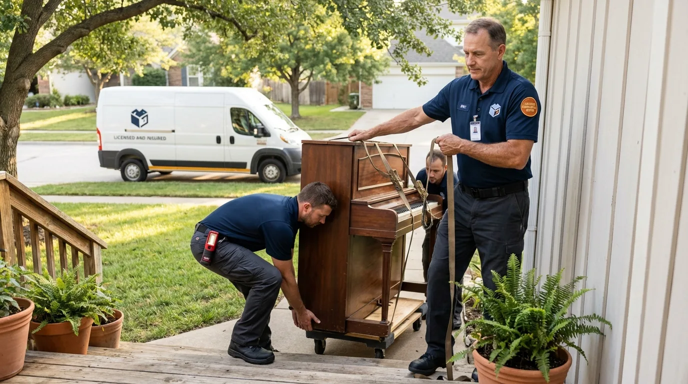 Licensed piano movers securing grand piano in Manchester Center, VT