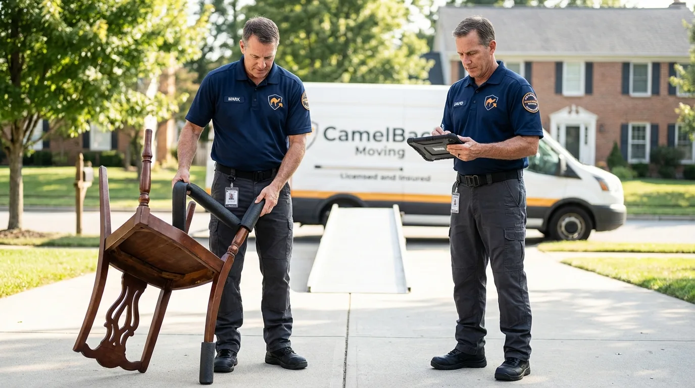 Movers inspecting furniture for damage prevention before loading in Manchester Center, VT