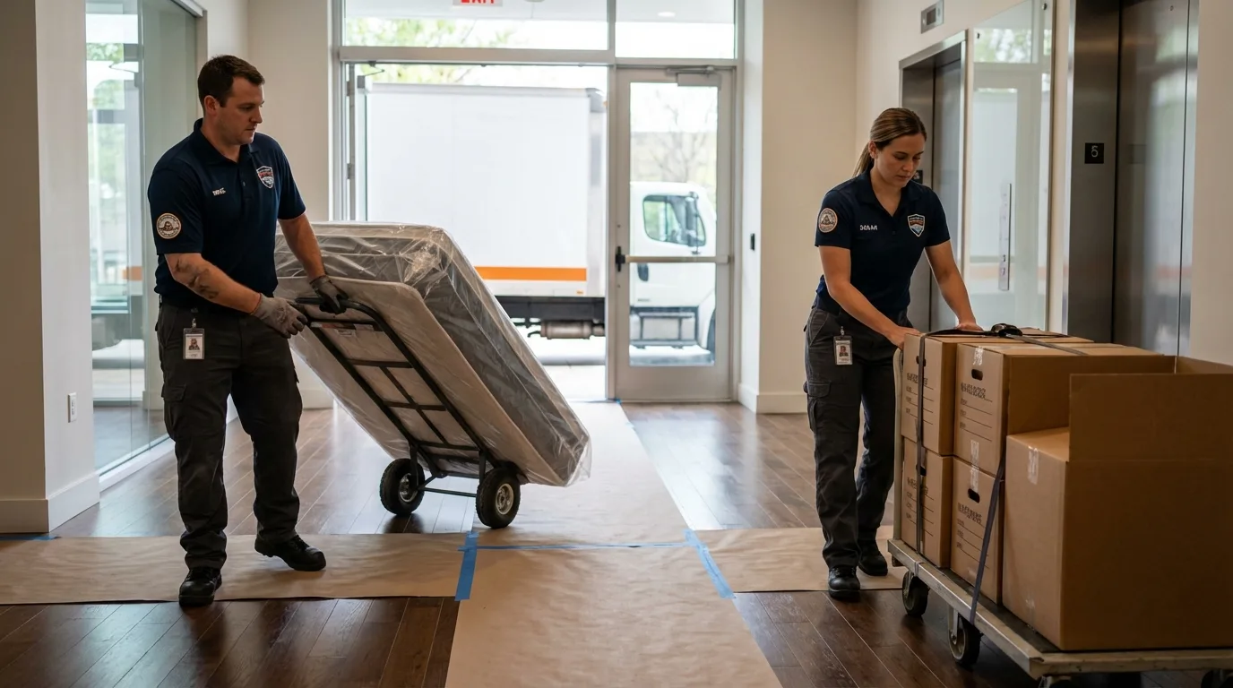 Professional apartment movers loading elevator in Manchester Center, VT