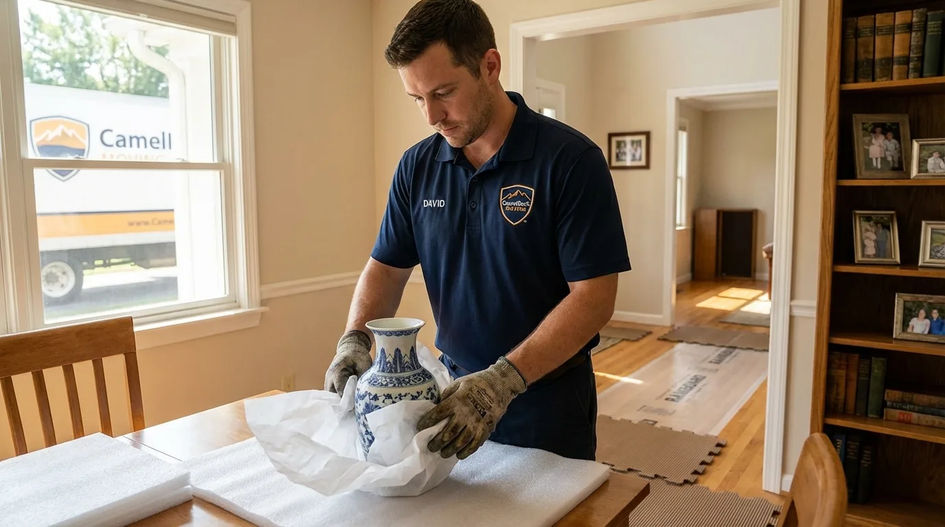Professional crew carefully wrapping antique vase for senior downsizing move in Manchester Center, VT