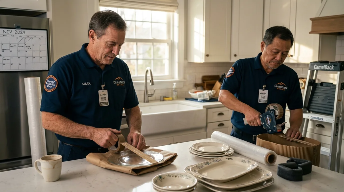 Professional crew packing kitchen dishware in Manchester Center, VT